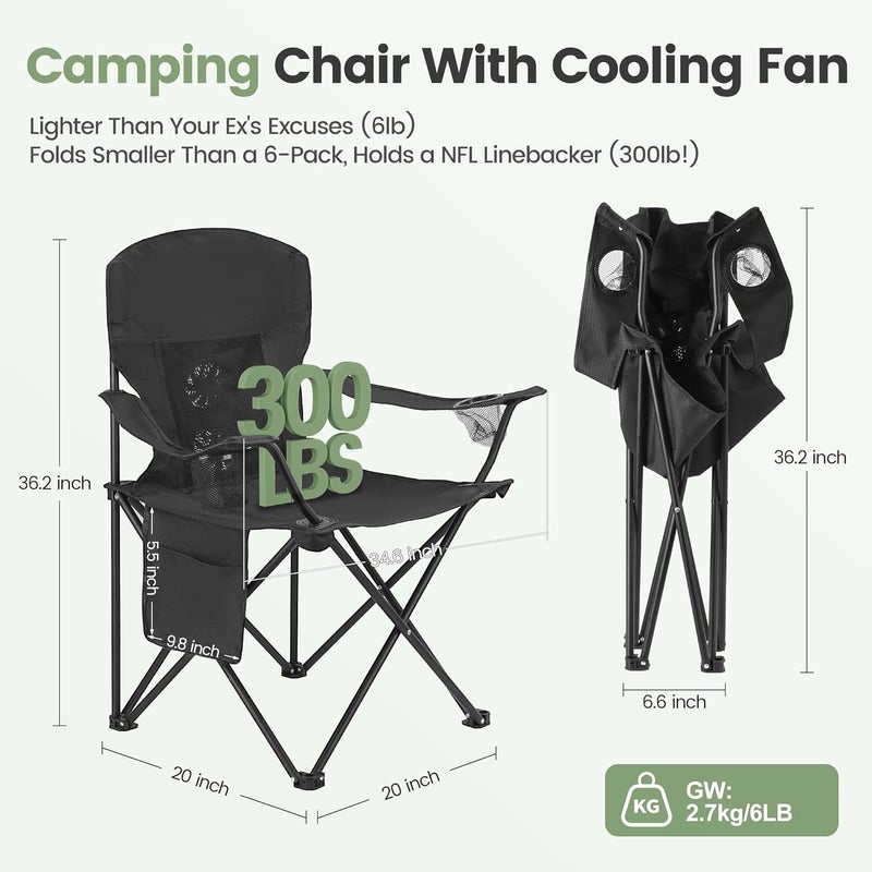 WEIDIORME 2 Pack Camping Chairs with Fan, Lightweight Camp Chair 300LBS Portable Foldable Chairs for Adults & Teens, Compact with Carry Bag for Camping, Beach, Picnics, Outdoor - Image 2